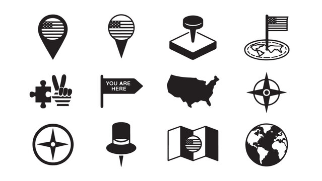 USA travel and navigation vector icon set featuring map pins with flags, compasses, globes, and "you are here" signs for American tourism and geography projects