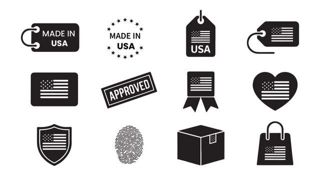Made in USA commerce vector icon set featuring price tags, shopping bags, shipping boxes, and approved stamps for American retail and manufacturing marketing.