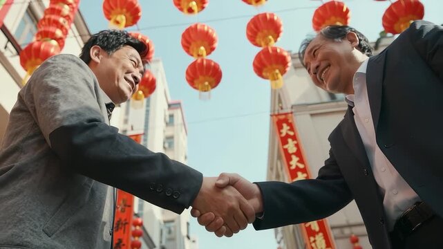 Businessmen shaking hands against red lanterns background