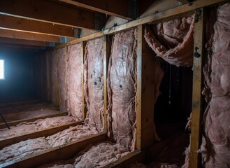Obraz premium Attic Interior with Wet Fiberglass Insulation and Wooden Beams Symbolizing Water Damage, Mold, Home Repair, Building Maintenance