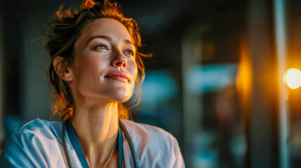 Obraz premium Portrait of a confident female doctor in a hospital environment, symbolizing healthcare professionalism, trust, and dedication