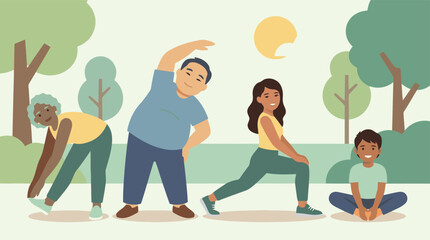 Obraz premium Diverse Multi-generational Group of People Exercising and Stretching Together in a Public Park