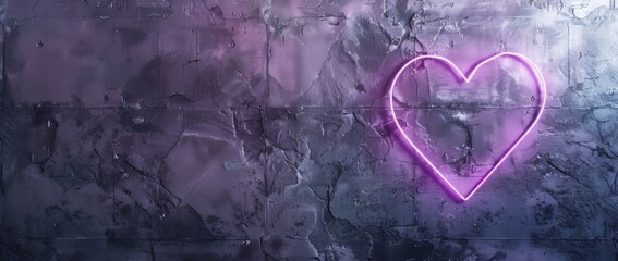 Neon heart sign on a textured wall with a purple hue during evening hours