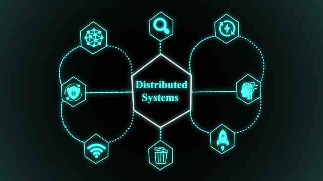 Distributed systems illustration featuring interconnected processing nodes, decentralized data flow, intelligent coordination, and modern system architecture.