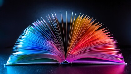 an open book with pages fanned out showcasing its vibrant colors and texture illuminated to emphasize its details