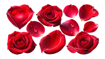 Fototapeta premium Assortment of red rose petals cut out on transparent background for creative design. Delicate floral accents for romantic holiday decor. Scattered rose petals composition.