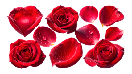 Assortment of red rose petals cut out on transparent background for creative design. Delicate floral accents for romantic holiday decor. Scattered rose petals composition.