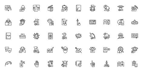 Literature icon set. Vector illustration pack featuring books, poetry, drama, fiction, fantasy, horror, author, library, reading, writing tools and more. Editable stroke.