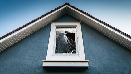 crime prevention concept modern ordinary house with a single broken window pane showing signs of burglary