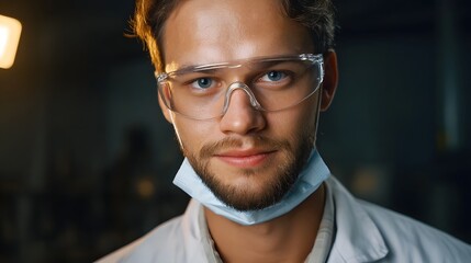Close up portrait of a man wearing safety goggles and a mask in a professional laboratory setting