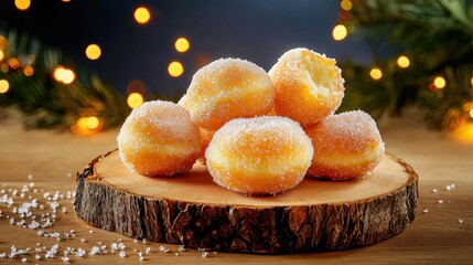 Sweet Glazed Doughnuts on a Wooden Surface with Holiday Lights