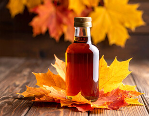 Maple syrup bottle surrounded by maple leaves on wooden table