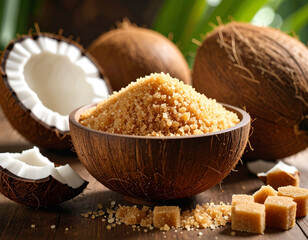 Coconut sugar with cubes and whole coconuts on natural surface