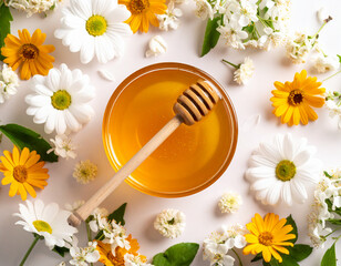 Honeycomb with fresh honey and flowers in bright sunlight