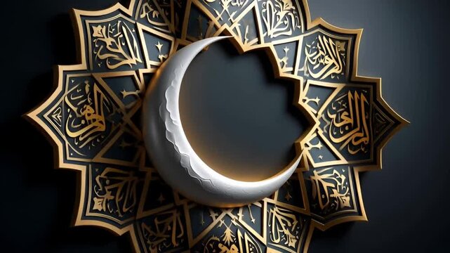 Elegant Golden Crescent Moon Design with Ornate Arabic Calligraphy and Intricate Geometric Islamic Patterns