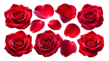 Set of red rose flowers petals isolated on transparent background.