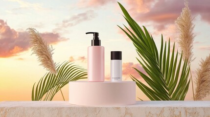 Elegant beauty products against a vibrant sunset and greenery background