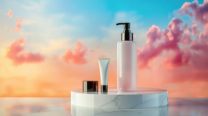 Elegant Luxury Skin Care Products on Marble Surface at Sunset