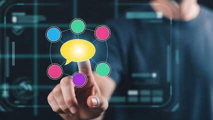 A professional hand touching a glowing yellow speech bubble icon connected to colorful digital nodes in a futuristic setting.