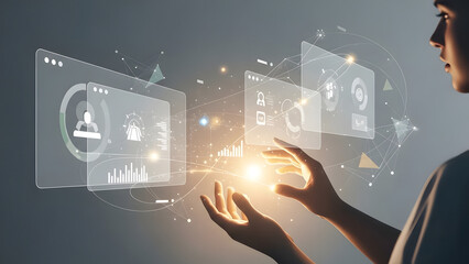 A person interacting with futuristic digital interfaces and data visualizations in a modern environment
