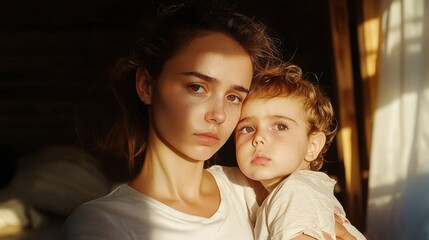 Woman Holding Child in Soft Natural Light with Tender Expression
