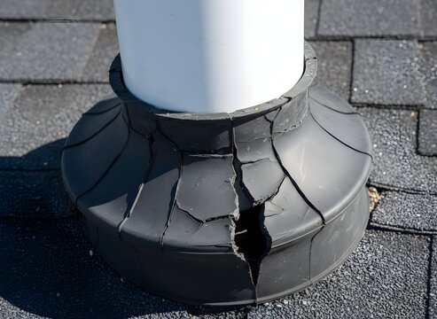 Cracked Roof Pipe Boot with Dark Rubber and White Vent Pipe Symbolizing Maintenance Failure, Water Leak, Roofing, Home Repair