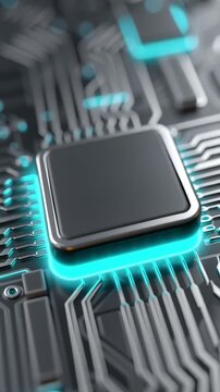 Glowing microchip lifts above motherboard with cyan underlight, slowly rotates and hovers while circuit lines shimmer, then eases back down in a seamless futuristic hardware loop.