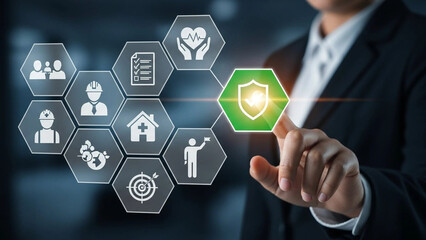 Businessman Touching Virtual HUD Interface: Corporate Safety Management, Occupational Health Protection, and Comprehensive Risk Compliance Monitoring System