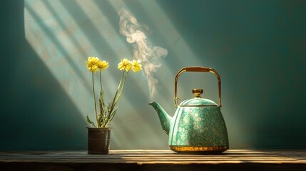 Vintage Teapot with Flowers and Steam in Soft Sunlight Rays