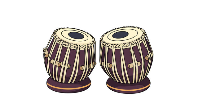 Pair of traditional Indian tabla drums with dark wood bodies and white skins isolated on a plain white background.