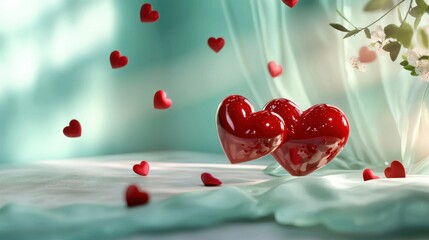 Two Red Hearts Surrounded by Small Hearts on Soft Fabric Background