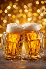 Two overflowing mugs of golden beer clinking together in a celebratory toast with a dramatic splash of foam and bright bokeh background