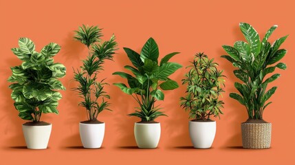 Variety of Indoor Plants in Decorative Pots on Vibrant Background
