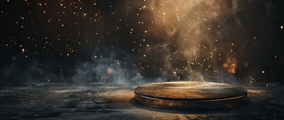 Dust swirls in light above a circular platform during a dark moment in an artistic display