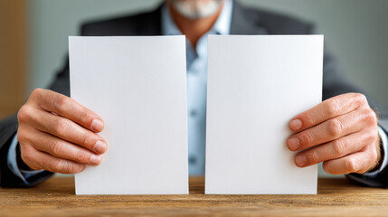 Obraz premium Man holding two blank paper cards side by side wooden table showing revenue sharing deal opportunity and neutral professional