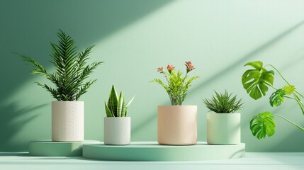 Elegant Arrangement of Indoor Plants in Modern Pots and Background
