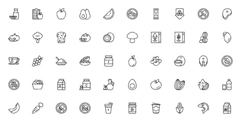 Nutrition icon set. Healthy food vector icons. Includes orange juice, apple, avocado, watermelon, broccoli, lemon, fish, milk, yogurt and more. Editable stroke.