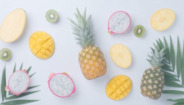 Fresh tropical fruit flat lay with pineapples, mangoes, dragon fruit, and kiwi on a white background with palm leaves. A healthy, colorful, and summery food concept - Powered by Adobe