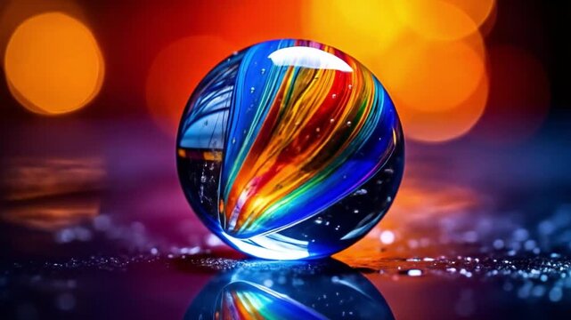 Colorful glass orb with abstract interior and bokeh background