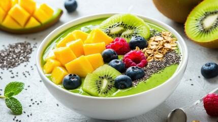 Vibrant Green Smoothie Bowl with Fresh Fruits and Healthy Toppings