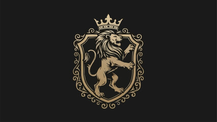 Royal Lion Emblem Crest with Crown and Ornate Shield.