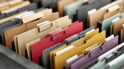 Colorful file folder labels lined organized office filing system conveying revenue sharing deal and efficient document