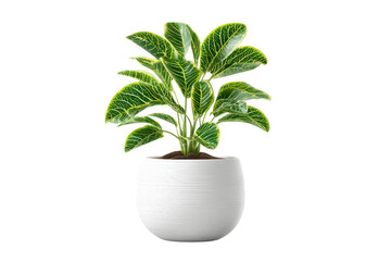 Obraz premium Green plant with yellow veins in a white ribbed pot on black background leaf leaves