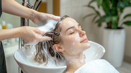 Relaxing Hair Washing Session in Modern Salon with Lathering Shampoo