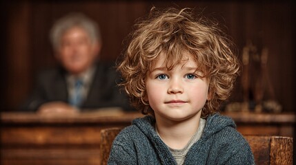 A young boy sits in a courtroom with a judge in the background, representing child advocacy and legal representation