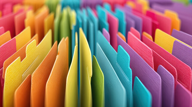 Colorful file folder array with revenue sharing deal and bright organized office filing evokes productivity and cooperation