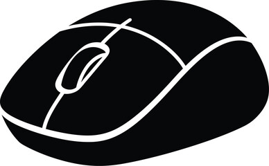 Black and white iconic silhouette of a computer mouse peripheral device