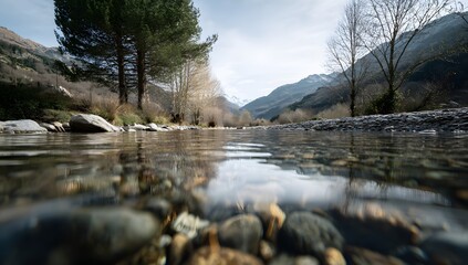 Split level view of an extremely clear mountain river showing the surface and riverbed with pebbles and rocks and surrounding forest and mountains