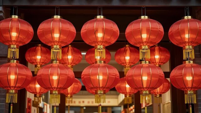 Traditional red lanterns hanging in rows for festival