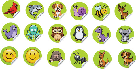 Cartoon animal and emoticon sticker set, shark, dog, bee, owl, penguin, dinosaur, seal, smiley face, kids vector illustration © LITON